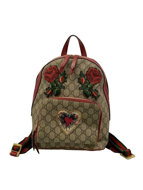 Gucci Backpack GG Supreme Beige Small Red Multi Embroidery Rose China Exclusive